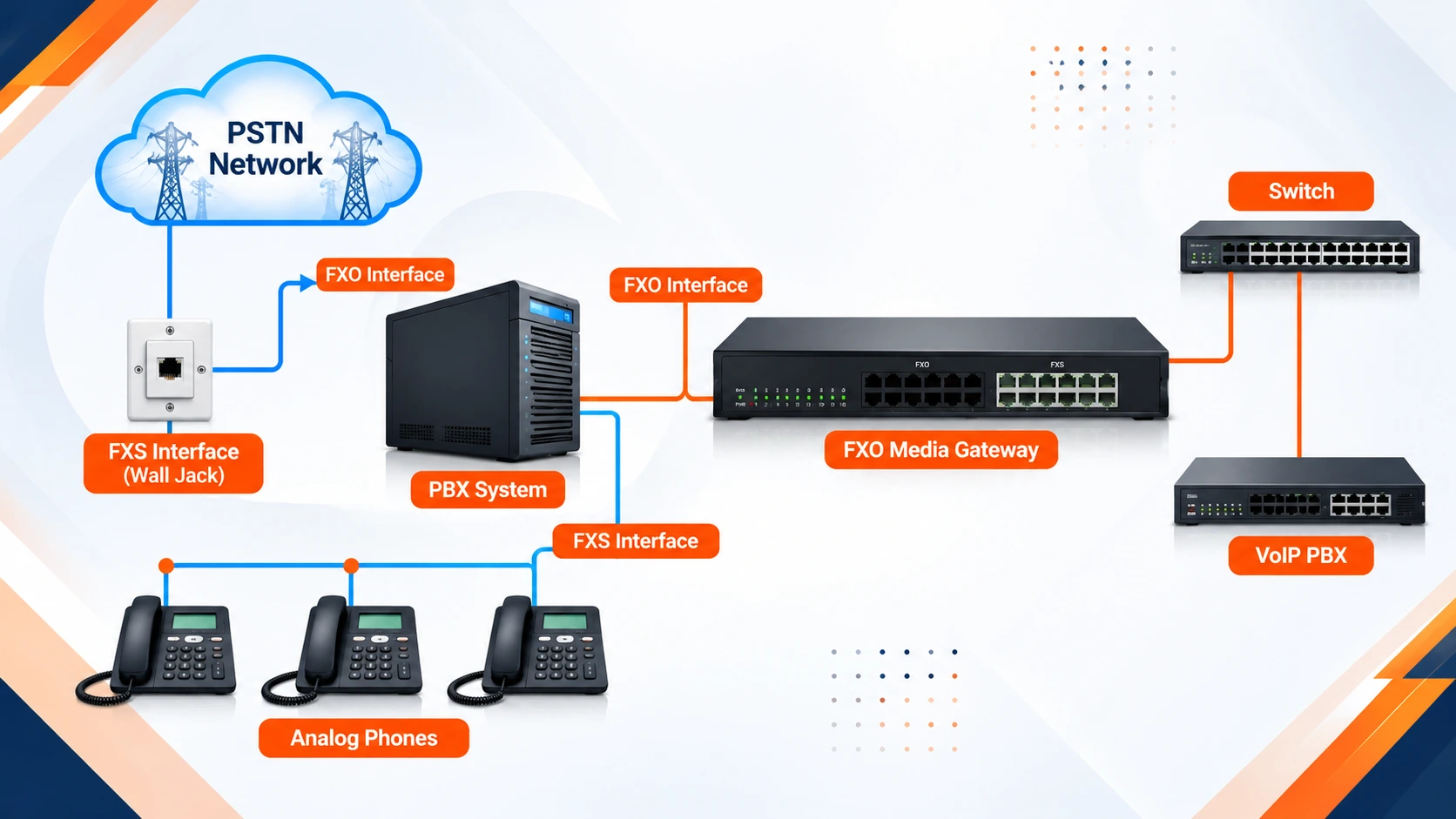 FXO FXS ANALOG GATEWAY - UCM200-D16S16O Network Architecture Diagram